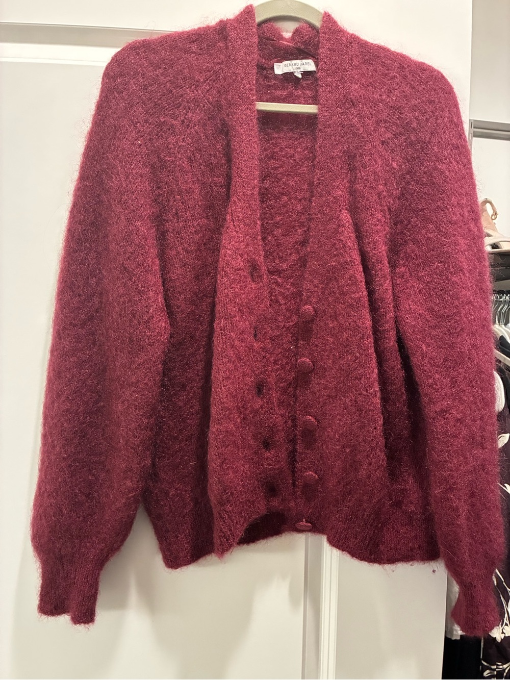 Gerard Darel Burgundy Fuzzy Button-Front Cardigan